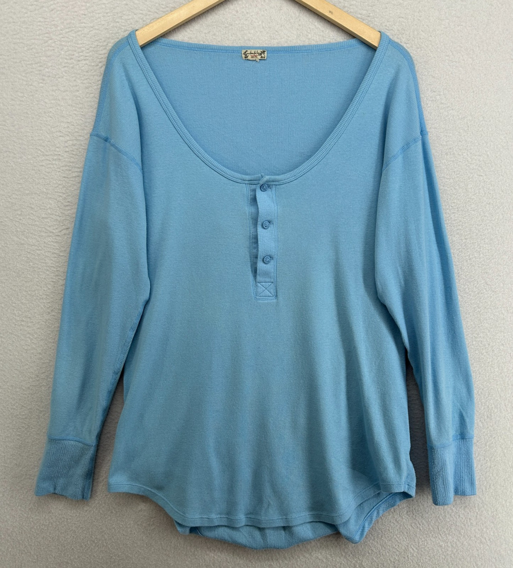 FREE PEOPLE Top M Intimately Ribbed Jersey Scoop Neck Popover Blue
